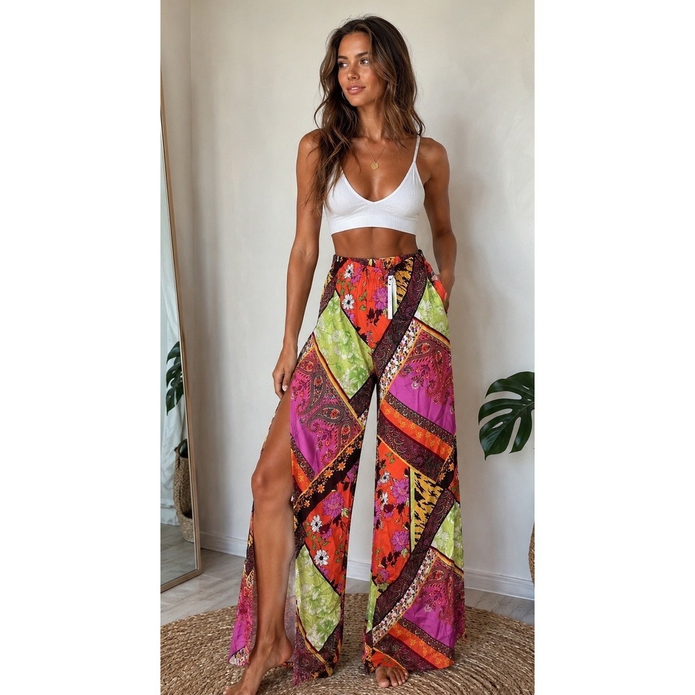 ASOS DESIGN Beach Palazzo Pants Red Pink Sz 6 Boho Hippie Festival Retro Resort